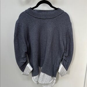 Gray Layered Sweater with White Shirt Detail